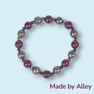 Handmade Natural Pyrite and Garnet Glass 8mm Round Beaded Bracelet